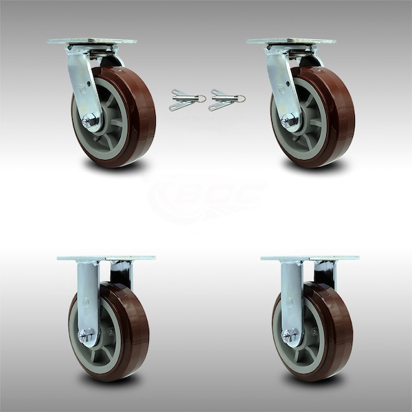 6 Inch SS Polyurethane Caster Set with Ball Bearings 2 Swivel Lock 2 Rigid SCC